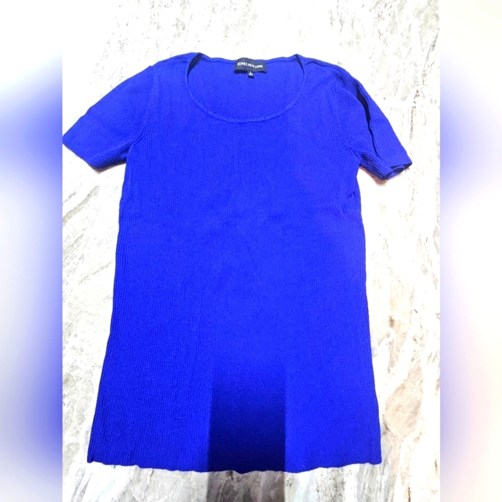 Jones New York Royal Blue Ribbed Short Sleeve Sweater Top – Size S